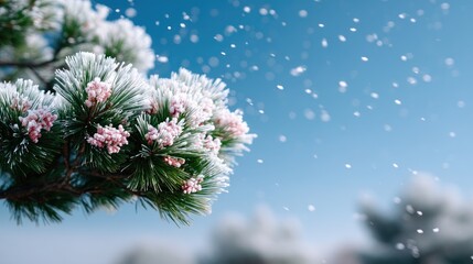 Snowy Pine Branch With Frosty Pink Tips Against a Soft Blue Sky Gentle Snowfall Winter Season Fresh Outdoors Festive Season Nature Background