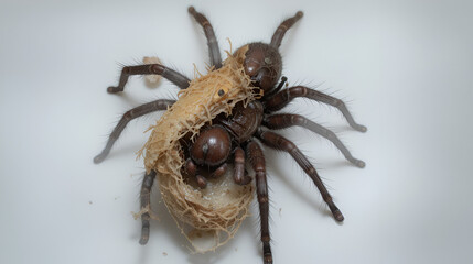 Fototapeta premium Goliath birdeater tarantula molting, shedding exoskeleton: A Goliath birdeater tarantula undergoes the molting process, shedding its old exoskeleton to reveal a fresh, new layer beneath, its
