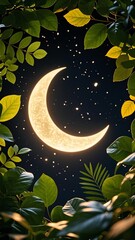 Photo-realistic crescent moon with soft orange-yellow gradient and natural green leaves under moonlit night sky with faint stars