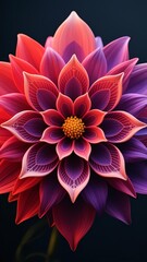 Photo-realistic symmetrical mandala flower with multi-layered petals, vibrant gradient colors (red, orange, yellow, green, blue, purple), subtle glowing dots, softened mesh textures, dark background