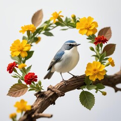 Realistic blue-gray bird with white underparts perched on twisted brown branch, surrounded by wreath of yellow marigolds and red clover, soft white background