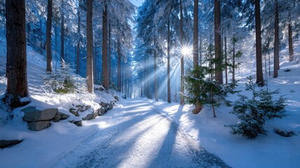 Snowy Winter Forest Path with Blue Light Atmospheric Effect and Sun Rays Filtering Through Trees and Deep Shadows on Snow Covered Ground