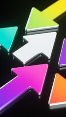Photorealistic close-up of neon gradient geometric arrow shapes (yellow-green-cyan, purple-pink, white, orange) on black background with metallic texture