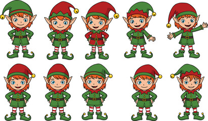 cute christmas elf vector illustration set, santa helper cartoon character, holiday season decoration design, festive mascot artwork, north pole helper drawing