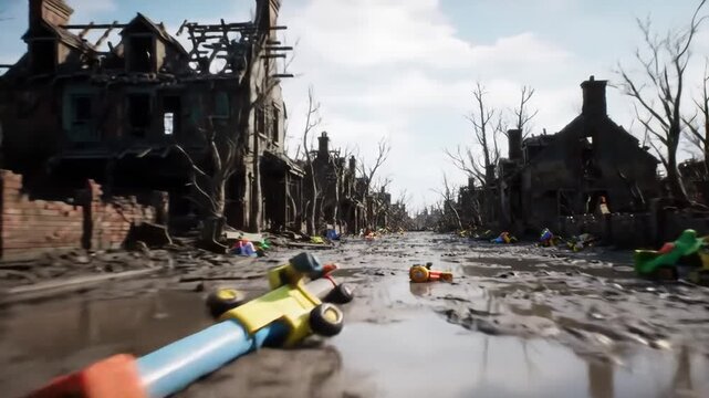Tracking Shot of a Post-Apocalyptic Urban Landscape with Scattered Toys and Flooded Street Aftermath_Silence Dark Brick Buildings and Bare Trees Against Cloudy Sky Animation