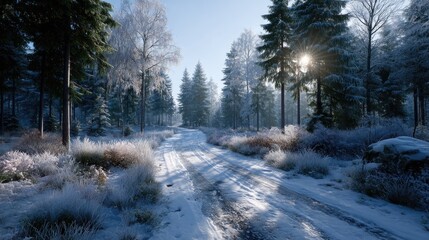 Snowy Winter Forest Scene with Sun Flare in Cold Cinematic HDR Ambiance