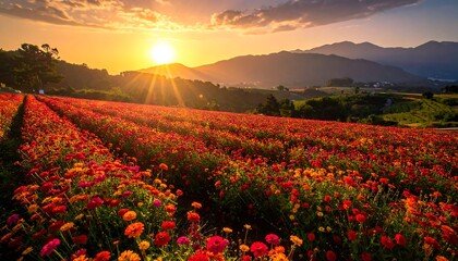 Fototapeta premium Colorful flower field at sunset