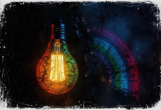 Distressed Rainbow Lightbulb with Grunge Textures Design