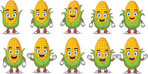 funny corn character cartoon vector set, happy maize mascot design, cute vegetable illustration, children clipart artwork, healthy food concept drawing