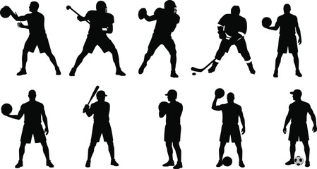 Silhouette set of athletes playing sports with basketball, soccer, baseball, football, hockey, active fitness training, competition, teamwork, exercise, 