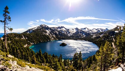 Scenic mountain lake, sunny day