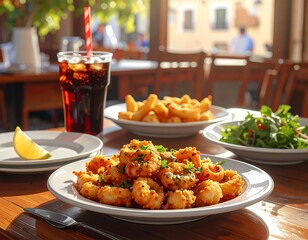 Outdoor cafe meal featuring crispy calamari, fries, and salad with a refreshing drink