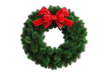 Classic Green Wreath with Red Ribbon Bow Festive Holiday on Transparent Background