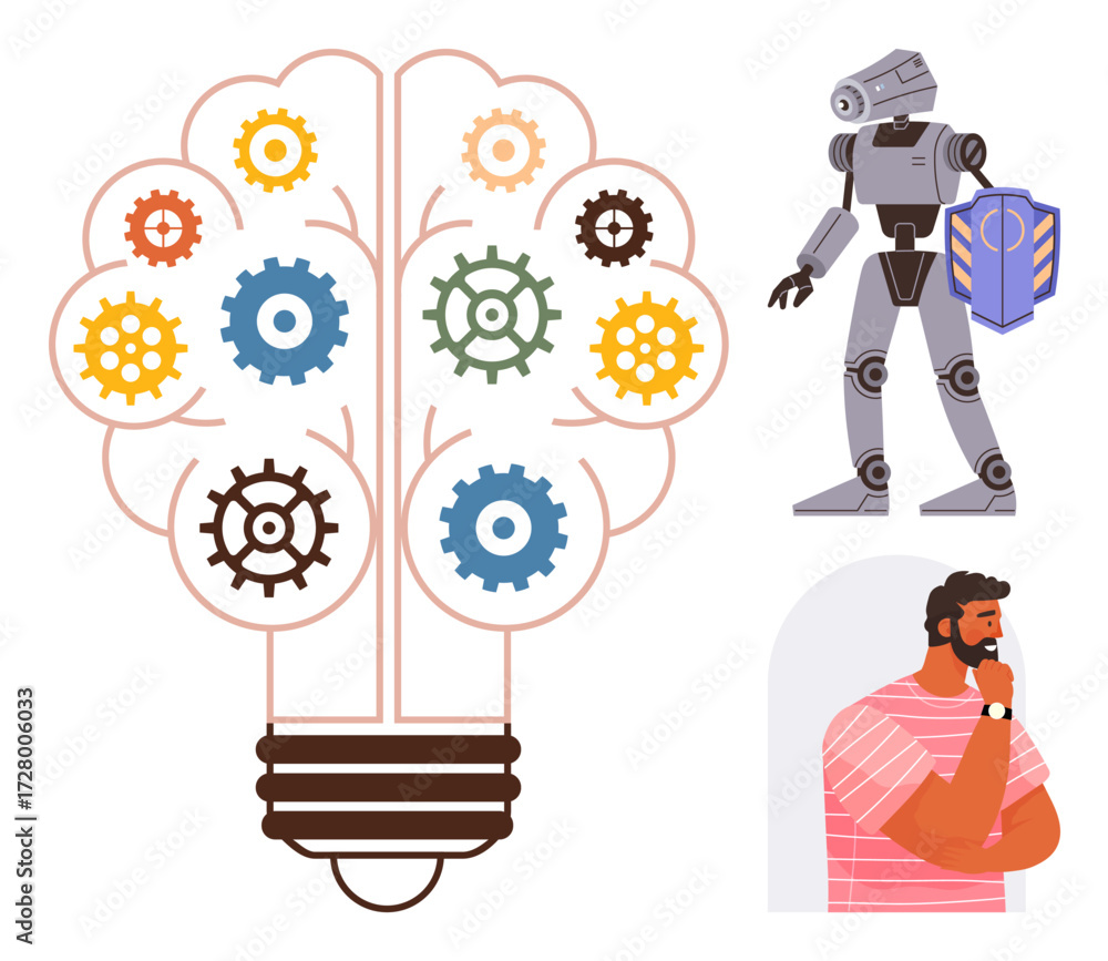 Poster lightbulb with colorful gears symbolizing creativity, robot holding shield representing ai, and thou