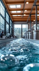 Water flows inside a long indoor channel for production