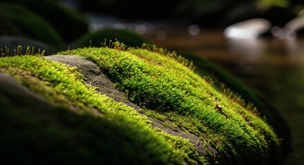 Fototapeta premium Lush green moss covering a rock by a stream, creating a vibrant and serene scene, highlighting the beauty of natures small details