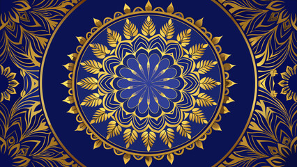 Ornate golden floral mandala on a dark blue background