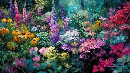 Obraz premium Lush Floral Paradise - A Vibrant Garden Bursting with Colorful Blooms and Textures.