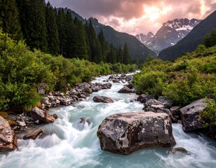 Mountain stream at sunset