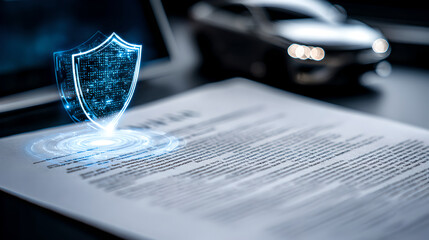 A glowing blue shield icon over an insurance document, with a blurred car model in the background.
