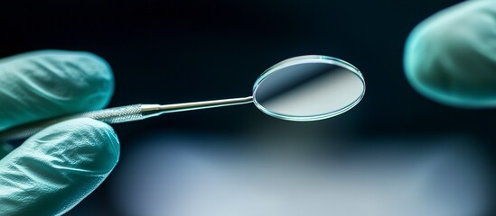 A gloved hand holding a dental mirror reflects its surroundings