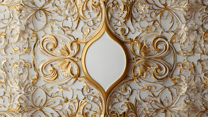 Elegant Ornate Gold and White Decorative Ceiling Design with Intricate Swirls and Floral Motifs