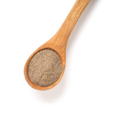Wooden spoon with black pepper powder on white background
