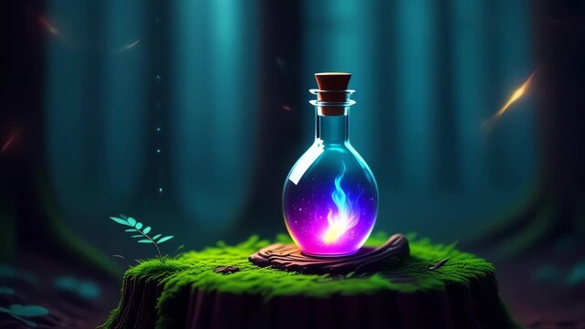 Magical glowing potion bottle in a mystical forest