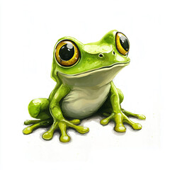 Obraz premium Cute Green Frog with Big Eyes Sitting on a White Background