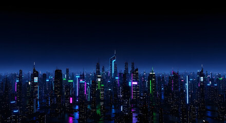 Obraz premium Futuristic Glowing Cyberpunk Night Scenery Urban Skyline with Modern Buildings