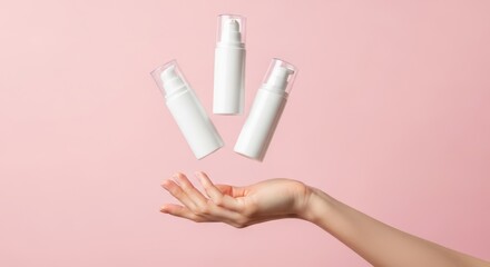 A hand gently tossing three white cosmetic pump bottles into the air against a soft pink background, suggesting a product launch or promotion
