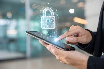 Man holding smartphone with virtual login interface and AI padlock icon. Concept of cybersecurity, digital identity protection, artificial intelligence security, user authentication on mobile devices.