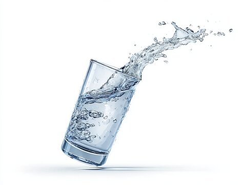 A tilted glass of water with dynamic splashes captured mid-motion against a stark white background.