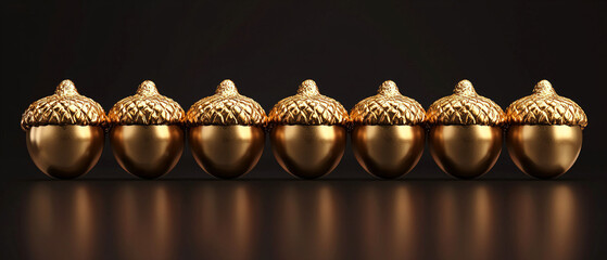 Golden Acorns in a Row on Dark Background for Decorative Purposes