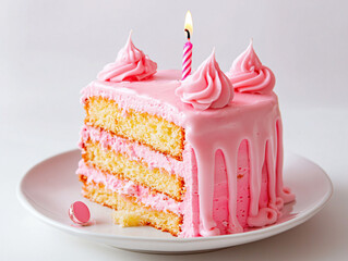 Delicious Pink Frosted Birthday Cake with Candle and Plate Display