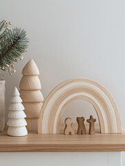 Wooden Decorative Elements with Rainbow and Christmas Trees Display