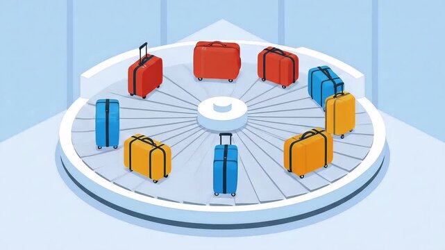 Animated illustration of a baggage carousel with colorful suitcases rotating at airport.