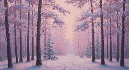 Fototapeta premium Serene Winter Forest Path Pastel Pink Sunrise Painting