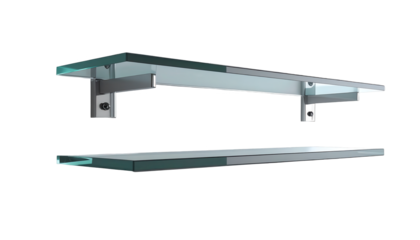 Two modern glass shelves are displayed against a black background, showcasing the sleek design and adjustable mounting brackets.