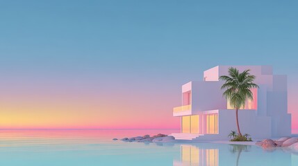 Obraz premium Serene Coastal Villa at Sunset - Pastel Hues, Palm Tree, Tranquil Waterscape.