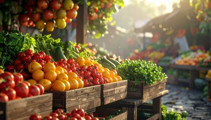A traditional farmers market with colorful fresh fruits and vegetables on wooden stalls, ultra realistic, 8K resolution