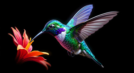 Obraz premium Artistic Detailed Hummingbird with Lily Flower Illustration in Dark Background