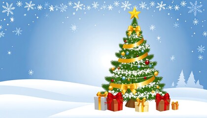 Christmas tree with gifts on snowy landscape