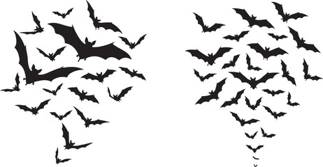 Naklejka premium Two Swarms of Black Bat Silhouettes Flying in Formation on a White Background