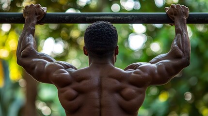 Muscular man doing pull ups on a bar outdoors in a park