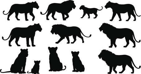 Silhouettes of lions, lionesses and cubs, African wildlife vector illustration, big cat predator family, jungle animal design, wild nature artwork