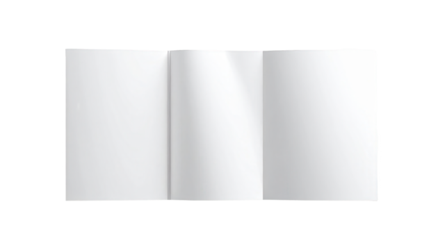 A tri-fold brochure, open, displays a blank white interior, against a stark black background.