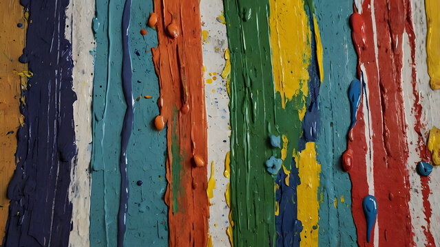 Dynamic abstract painting featuring a harmonious blend of vivid, textured colors cascading vertically, creating a captivating visual experience with artistic drips