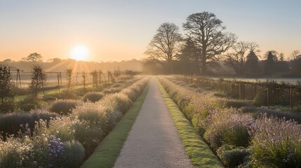 Obraz premium Sunrise Garden Path, Lavender Rows, Morning Mist