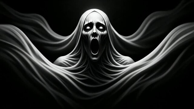 Terrifying Halloween ghost with wide eyes and open mouth, shrouded in fabric